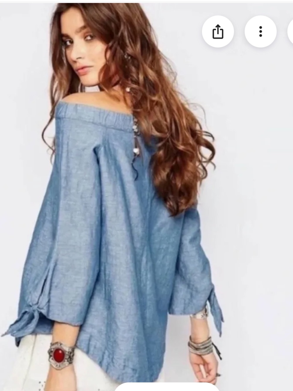 Free People Denim-Look Elastic Waist Off-Shoulder Top in Blue